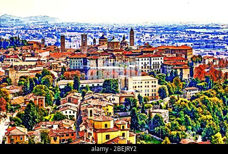 Panoramablick auf die Obere Altstadt (Citta Alta) in Bergamo mit historischen Gebäuden. Farbstift und Aquarell Skizze Stil Illustration. Stockfoto