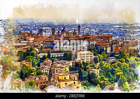 Panoramablick auf die Obere Altstadt (Citta Alta) in Bergamo mit historischen Gebäuden. Farbstift und Aquarell Skizze Stil Illustration. Stockfoto