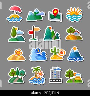 Illustration von Landschaften und Natur Cartoon Aufkleber Set Stock Vektor