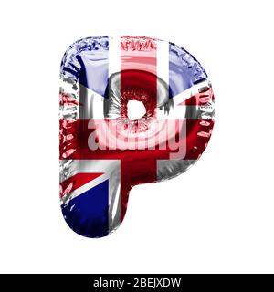 Buchstabe P Union Jack Großbritannien Flagge Folie Ballon Schrift. 3D-Rendern Stockfoto