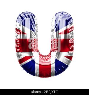 Buchstabe U Union Jack Großbritannien Flagge Folie Ballon Schriftart. 3D-Rendern Stockfoto