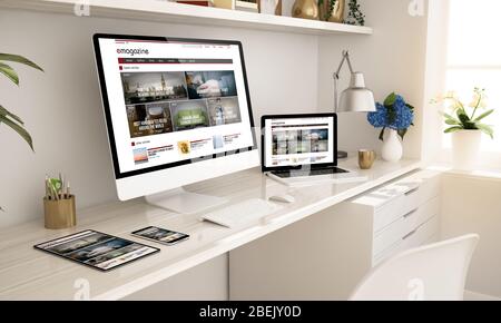 E-Magazin Website auf reaktionsschnellen Geräten Home Office-Setup 3d-Rendering Stockfoto