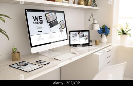 Responsive Website auf Geräten Bildschirm Home Office-Setup 3d-Rendering Stockfoto