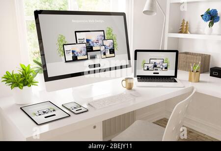 Reaktionsschnelle Geräte im Home Office 3D-Rendering einrichten Stockfoto