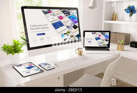 Reaktionsschnelle Geräte im Home Office-Setup, die das 3D-Rendering des Website-Baukasten zeigen Stockfoto