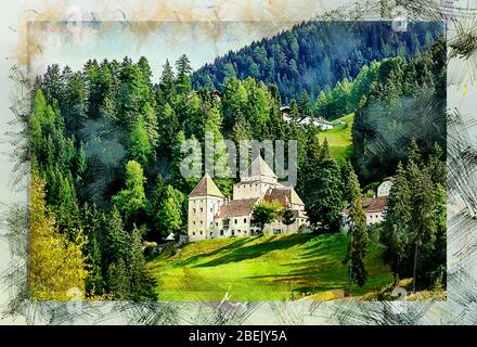 Schloss Gröden (Fischburg) in einem Bergwald. Santa Cristina Valgardena BZ, Italien. Farbbleistift Stil Illustration. Stockfoto