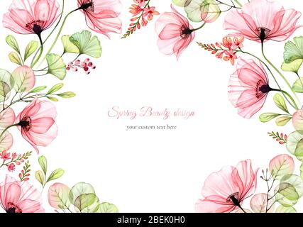 Aquarell floralen Hintergrund. Kartenvorlage mit Platz für Text. Transparente Mohnblüten. Isoliert handgezeichnetes Banner mit großen Rosenblüten für Stockfoto