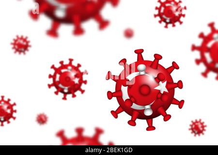 COVID-19 . 3D schwimmende Corona-Virus mit Türkei Flagge und Schärfentiefe . Ursache von SARS , MERS COV und COVID19 im Menschen . Weltweit verbreitet und weltweit Stock Vektor