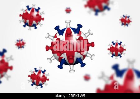 COVID-19 . 3D schwimmende Corona-Virus mit United Kingdom Flagge und Tiefenschärfe . Ursache von SARS , MERS COV und COVID19 im Menschen . Globale Verteilung und AA Stock Vektor