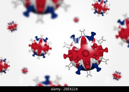 COVID-19 . 3D schwimmende Corona-Virus mit United Kingdom Flagge und Tiefenschärfe . Ursache von SARS , MERS COV und COVID19 im Menschen . Globale Verteilung und AA Stock Vektor
