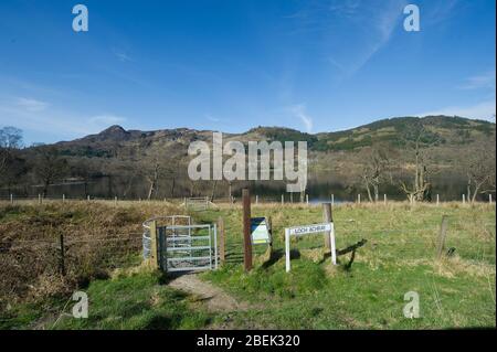 Loch Achray, Großbritannien. 13. April 2019. Bild: (Hauptbild) Loch Achray und Campingplatz, der leer ist. (Oben links) Ben A’an Berg. Normalerweise ein touristischer Hotspot mit Hunderten von Wanderern, heute nicht ein Wanderer auf dem Gipfel während eines hellen und heißen sonnigen Frühlings Ostermontag gefunden. Aufgrund der britischen und schottischen Absperrung des Coronavirus (COVID-19) hat die Polizei die Sperrung durchgesetzt und die Menschen haben die Warnung ernst genommen, da alle Touristen- und Schönheits-Hotspots mit Straßensperren abgesperrt wurden. Quelle: Colin Fisher/Alamy Live News. Stockfoto