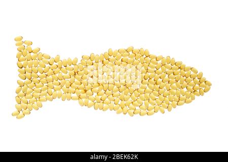 Weichtiere von Omega-3 in Form von Fisch auf dem Hintergrund isoliert. Fischöl auf weißem Hintergrund. Gelbe Kapseln mit Medizin. Medizinisches Medikament Stockfoto