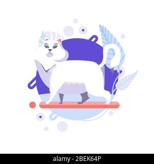Lustige Karikatur Türkisch Angora Katze stehen und auf der Suche nach etwas. Ehrwürdigte Figur, glorreiche Haustier. Abgeschlossene und isolierte Vektordarstellung. Stock Vektor