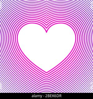 Weißes Herz-Symbol mit rosa und lila Offset-Linien auf weißem Hintergrund. Vorlage für die Verwendung als Hintergrund für Grußkarten. Herzform. Stockfoto