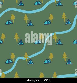 Camping nahtlose Vektor-Muster in grün und blau Stock Vektor