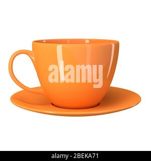 Orange Tasse mit Untertasse isoliert auf weißem Hintergrund. 3d-Bild Stockfoto