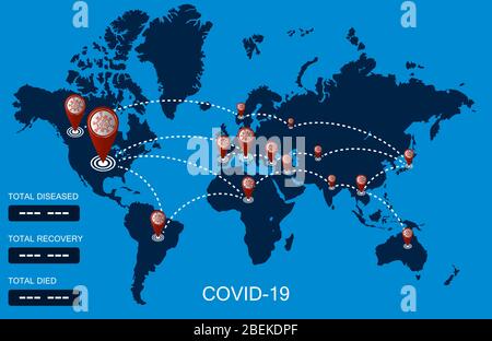 Coronavirus Karte der Welt mit Statistiken von bestätigten Krankheiten die Anzahl der Fälle, erholt und gestorben. Covid-2019. Relevante Informationen. Stock Vektor