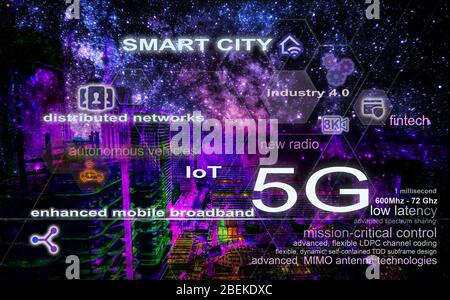 5G-Technologie und verwandte Konzepte mit Stadt im Bau und dem Hintergrund der Milchstraße. Stockfoto