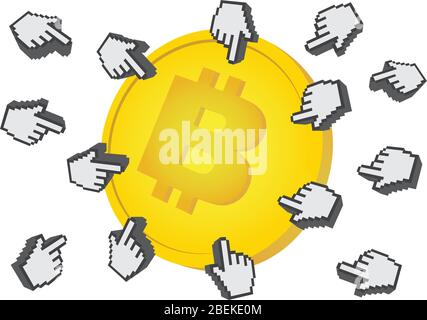 Abbildung zeigt Mauscursors, die auf eine Bitcoin klicken. Cncept der populären Nachfrage nach Kryptowährung. Stock Vektor