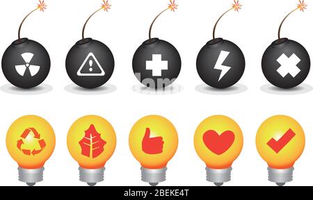 Vektor-Symbol-Set von Glühbirnen und Bomben mit Symbolen für Umweltzerstörung und Erhaltung Thema isoliert auf weißem Hintergrund, Stock Vektor