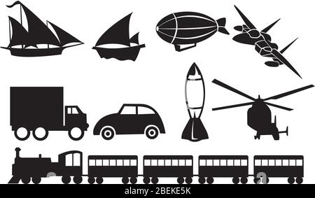 Vektordarstellung der verschiedenen Arten von Transportfahrzeugen Silhouetten. Stock Vektor