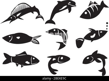 Vektorgrafik von verschiedenen Fisch-Icons. Schwarze isolierte Objekte vor weißem Hintergrund. Stock Vektor