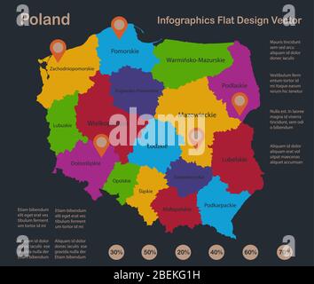 Infografiken Polen Karte, flache Designfarben, mit Namen der einzelnen Verwaltungsabteilung, blauer Hintergrund mit orangefarbenen Punkten Vektor Stock Vektor