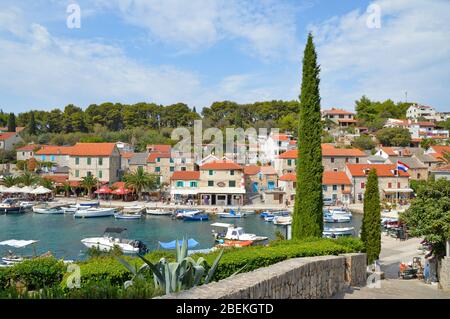 Panoramablick auf das Dorf Solta Maslinica in Kroatien Stockfoto