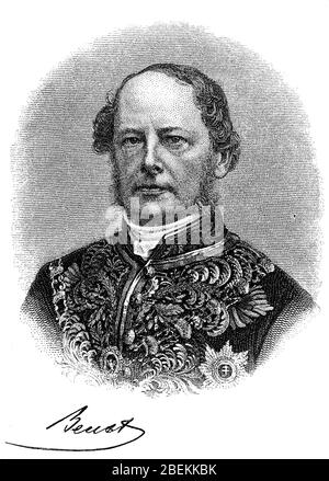 Friedrich Ferdinand Graf von Beust, Ferdinand Beust, 13. Januar 1809 - 24. Oktober 1886, war Staatsmann im Königreich Sachsen und der Habsburger Monarchie / Friedrich Ferdinand Graf von Beust, Ferdinand Beust, 13. Januar 1809 - 24. Oktober 1886, war ein Staatsmann im Königreich Sachsen und in der Habsburgermonarchie, historisch, digital verbesserte Reproduktion eines Originals aus dem 19. Jahrhundert / digitale Reproduktion einer Originalvorlage aus dem 19. Jahrhundert Stockfoto