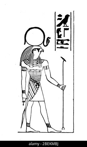 Re, Ra, is the ancient Egyptian Sun god, Egypt / Re, Ra, ist der altägyptische Sonnengott, Ägypten, historisch, digital verbesserte Reproduktion eines Originals aus dem 19. Jahrhundert / digitale Reproduktion einer Originalvorlage aus dem 19. Jahrhundert Stockfoto