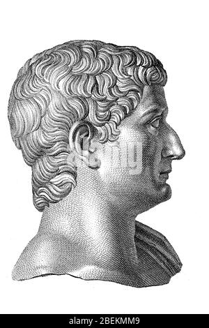 Tiberius Iulius Caesar Augustus, Tiberius Claudius Nero, 16. November 42 v. Chr. - 16. März 37 n. Chr., war römischer Kaiser von 14 bis 37 n. Chr. / Tiberius Iulius Caesar Augustus, Tiberius Claudius Nero, 16. November 42 v. Chr.- 16. März 37 n. Chr., war römischer Kaiser von 14 bis 37 n. Chr., Historisch, digital verbesserte Reproduktion eines Originals aus dem 19. Jahrhundert / Digitale Reproduktion einer Originalvorlage aus dem 19. Jahrhundert Stockfoto