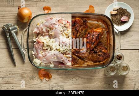 Rohes Kaninchenfleisch in Röster mit Zwiebelkümmel und Knoblauch auf Holz Vintage-Tisch Stockfoto