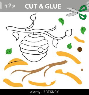 Verwenden Sie Schere und Kleber und stellen Sie das Bild innerhalb der Kontur wieder her. Einfache pädagogische Papier Spiel für Kinder. Einfache Anwendung für Kinder mit Bienenstock Stock Vektor