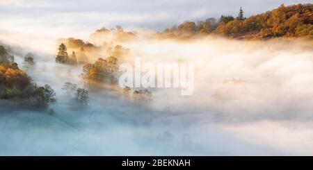 Die aufgehende Sonne hebt den Nebel hervor, der an einem frostigen Herbstmorgen im Lake District über Loughrigg Tarn am Kopf des Langdale Valley schwebt. Stockfoto