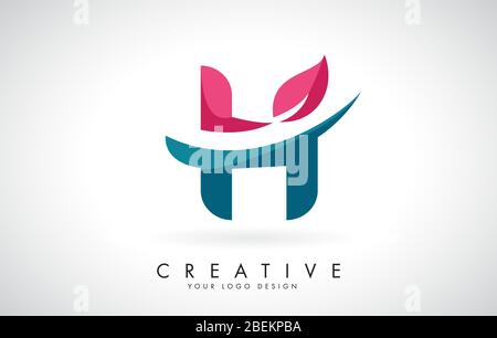 Blauer und roter Buchstabe H mit Blatt und kreativem Swoosh Logo Design Vektor Illustration. Stock Vektor