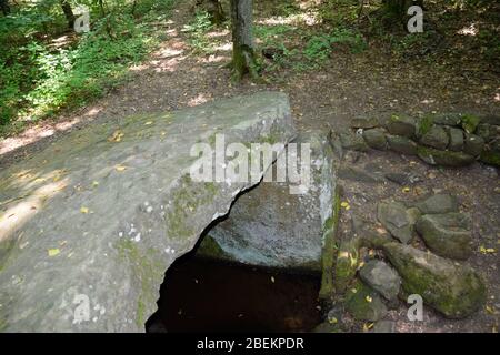 Dolmen in Shapsug. Wald in der Stadt in der Nähe des Dorfes Shapsugskaya, sind die Sehenswürdigkeiten Dolmen und Ruinen der alten Zivilisation. Stockfoto