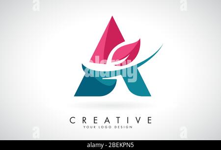 Blauer und roter Buchstabe A mit Blatt und kreativem Swoosh Logo Design Vektor Illustration. Stock Vektor