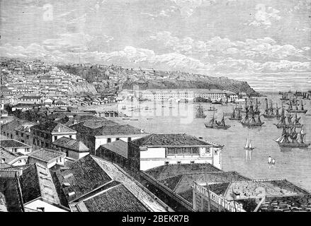 Blick über den Hafen und Hafen oder den Hafen von Valparaiso Chile im späten 19. Jahrhundert. Vintage oder Alte Illustration oder Gravur 1887 Stockfoto