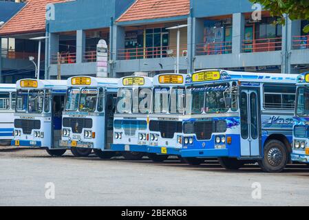 COLOMBO, SRI LANKA - 10. FEBRUAR 2020: Stadtbusse der Route 122 am Hauptbusstand von Gunasinghapura Stockfoto