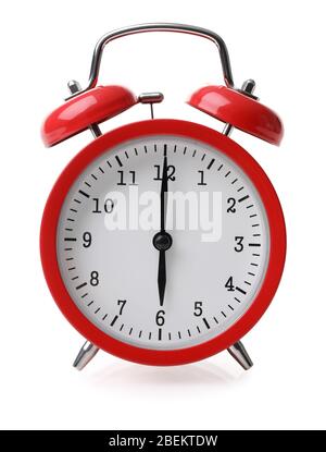 Roter Wecker auf sechs isoliert auf weißem Hintergrund eingestellt Stockfoto