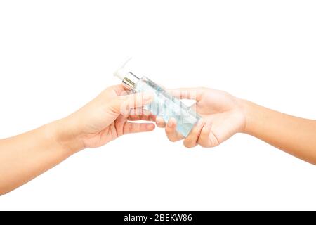 Alkoholgel zum Händewaschen, um Viren oder Coronaviren oder covid-19 zu verhindern, isoliert auf weißem Hintergrund mit Kopierraum und Abschneideweg im Bild. Stockfoto