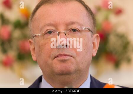 Der russische Botschafter in Großbritannien, Alexander Wladimirowitsch Jakowenko, hielt eine Pressekonferenz ab, in der er über die Vergiftung von Sergei und Julia sprach Stockfoto