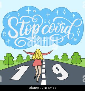Propagandaplakat Stop covid 19, Mädchen und eine große Wolke mit der Inschrift Stock Vektor