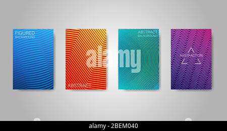 Set von 4 abstrakten Hintergründen in verschiedenen Farben: Lila, grün, orange und blau. Bänder, Wellen und Kreise. Stock Vektor