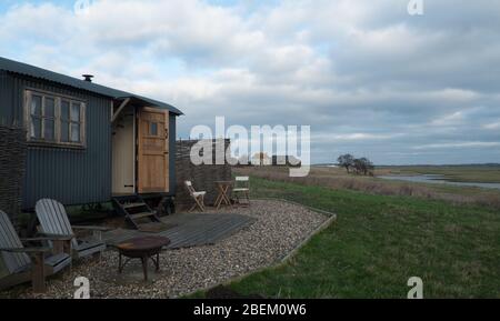 Eine der Schäferhütten im Elmley Nature Reserve, Isle of Sheppey, Kent Stockfoto