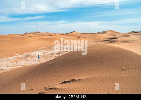 Schöne Landschaft mit Sanddünen und arabischen Wanderung zu Kamelen weit weg auf Sahara Wüste, Marokko, Afrika Stockfoto