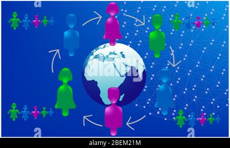 Farbe voll Kinder spielen rund um den Globus auf abstrakten blauen Hintergrund Stockfoto