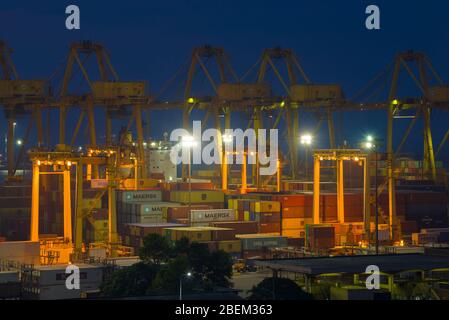 COLOMBO, SRI LANKA-22. FEBRUAR 2020: Containerterminal des Frachthafens Colombo am Abend Stockfoto