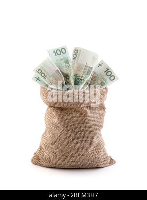 Polnisches Geld in der Tasche auf weißem Hintergrund isoliert Stockfoto