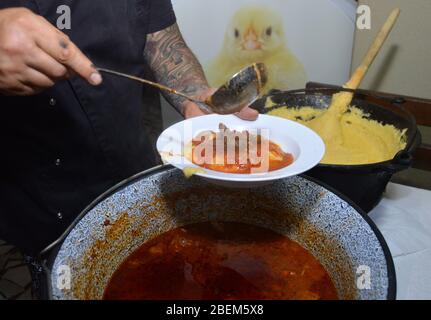 Nahaufnahme von Koch Gießen Huhn Eintopf in Teller mit Schöpfkelle, aus großen Topf, neben traditionellen rumänischen Polenta oder "Amaliga", rustikal und lecker Stockfoto